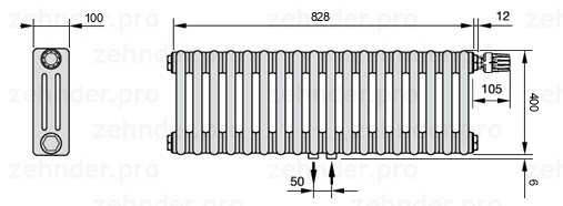 Схема (чертеж) Радиатор Zehnder Charleston 3040/18 №V008 Белый глянцевый RAL 9016